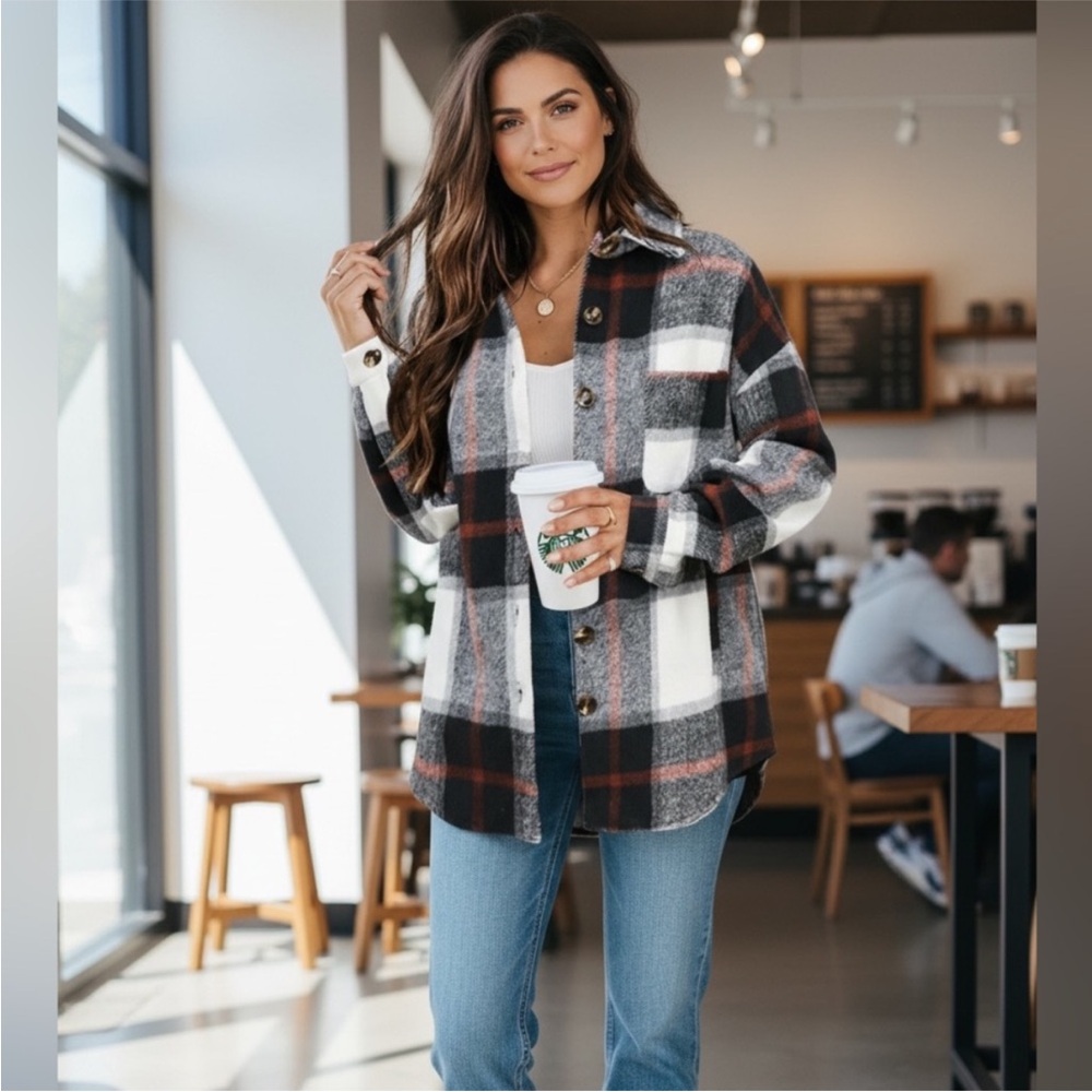 NEW•ESSENTIAL BLACK PLAID SHACKET•XXL